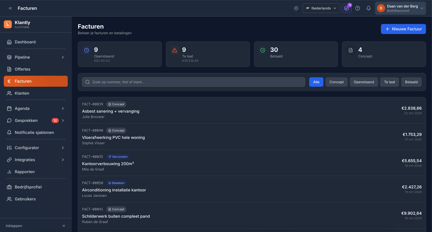 Facturenoverzicht in Klantly met filters op concept, openstaand, te laat en betaald
